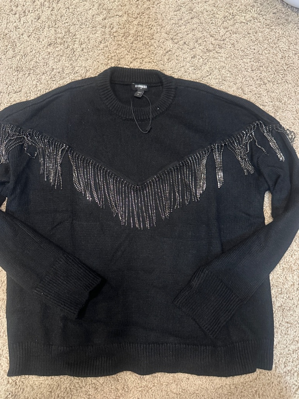 Express Black Crewneck Sweater with Beaded Fringe